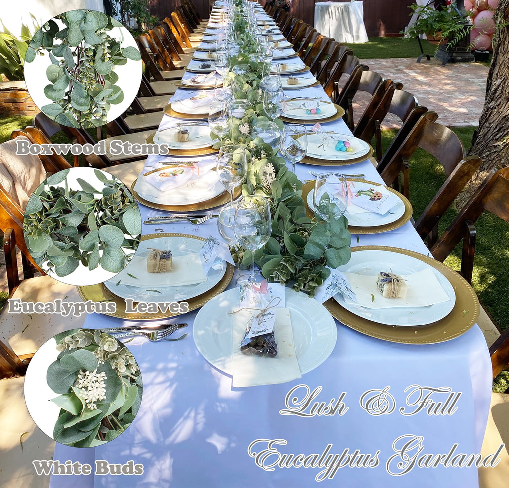 Scidweet Christmas Eucalyptus Garland, 2 Pcs 6.56 FT Artificial Greenery Garland Silver Dollar Leaves Boxwood Vines with White Buds for Home Wedding Party Table Mantle Xmas Decor