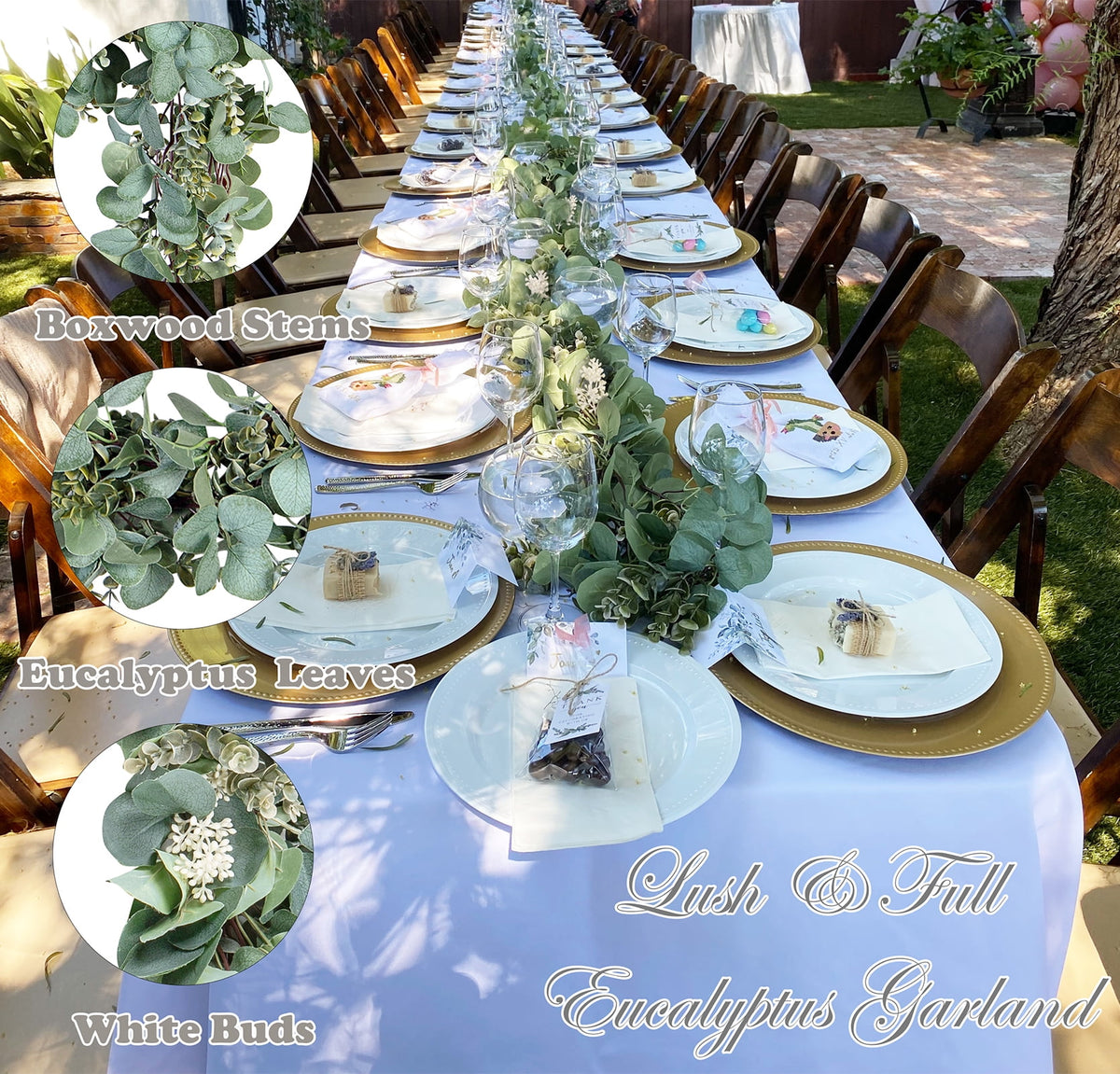 Scidweet Christmas Eucalyptus Garland, 2 Pcs 6.56 FT Artificial Greenery Garland Silver Dollar Leaves Boxwood Vines with White Buds for Home Wedding Party Table Mantle Xmas Decor