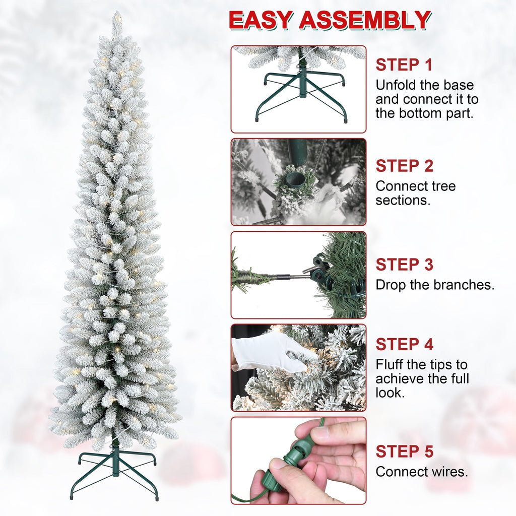 Makeatree 6 ft Pre-Lit Pencil Christmas Tree, Green Slim Skinny Spruce Xmas tree Holiday Decoration with 150 LED Lights, Metal Hinges & Foldable Base
