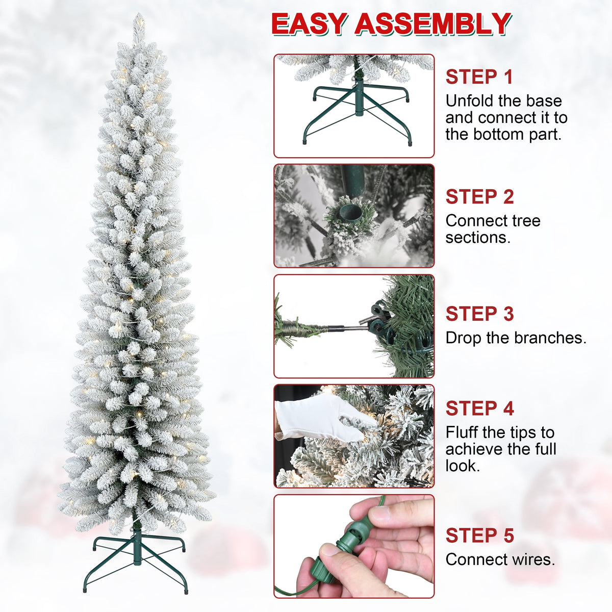 Makeatree 6 ft Pre-Lit Pencil Christmas Tree, Green Slim Skinny Spruce Xmas tree Holiday Decoration with 150 LED Lights, Metal Hinges & Foldable Base