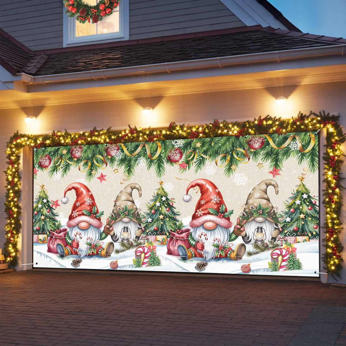Fsddascl 7 x 16 Ft Christmas Garage Door Cover, Black Christmas Tree Large Garage Door Banner, Xmas Snowflake Green Golden Hanging Garage Mural Background for Indoor Outdoor Xmas Party Supplies