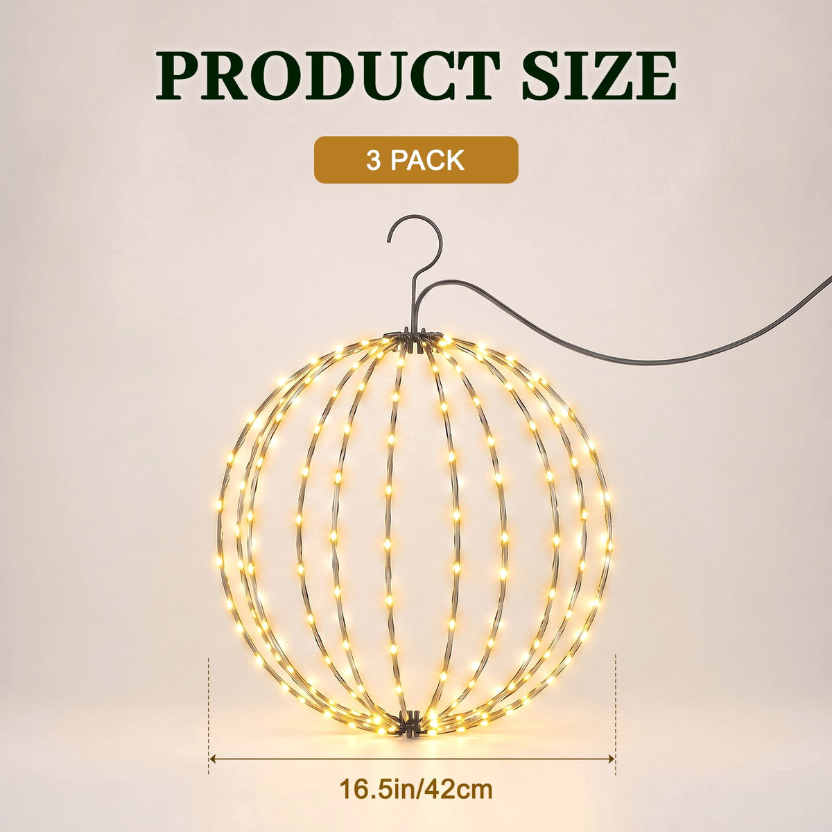 ABORON Christmas Decoration Ball Lights, Pre-Lit Hanging Foldable Xmas Light Ball with 8 Lighting Modes for Outdoor Holiday Lights Decor -16.5" 3 Pk