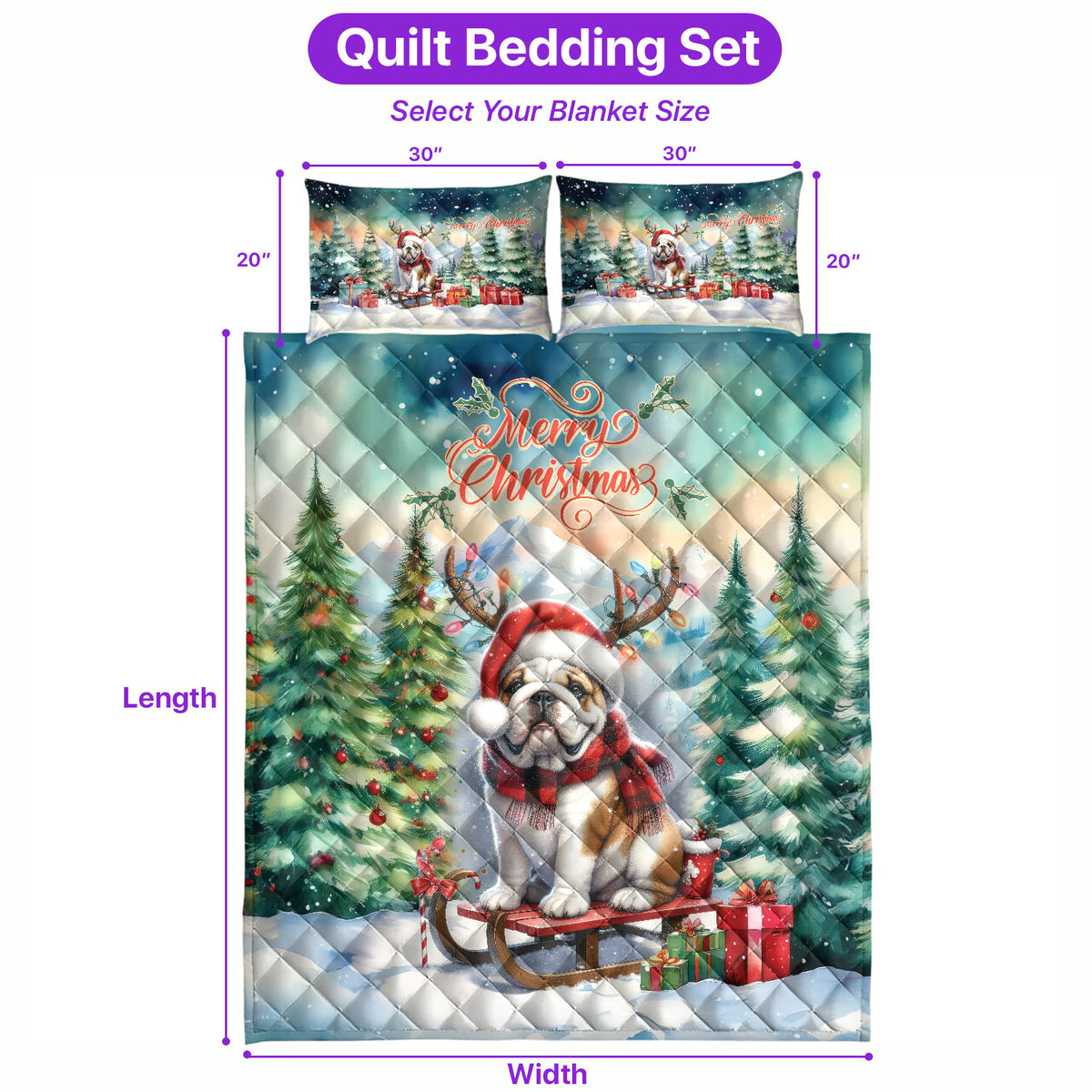 Merry Christmas Santa Reindeer Antlers French Bulldog Sleigh Xmas Winter Holiday Quilt Bedding Set Dog Lover Gifts 1 Blanket Bed Cover 2 Pillowcases - 00023