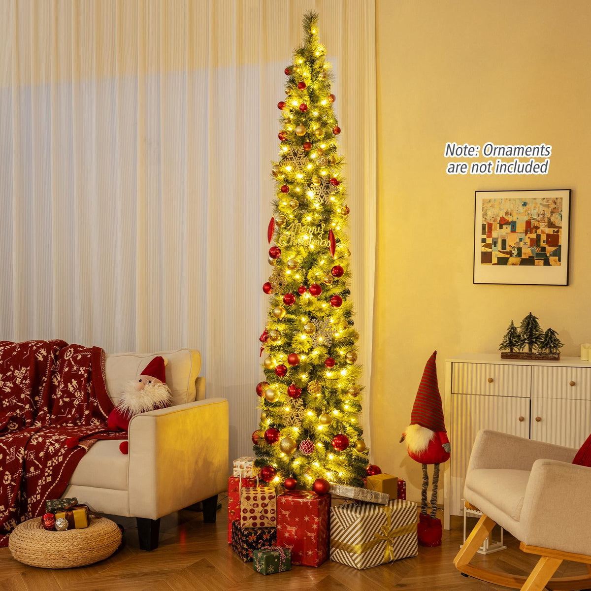 Costway 7 FT Pre-Lit Pencil Artificial Christmas Tree with 150 LED Warm White Lights,8 Modes