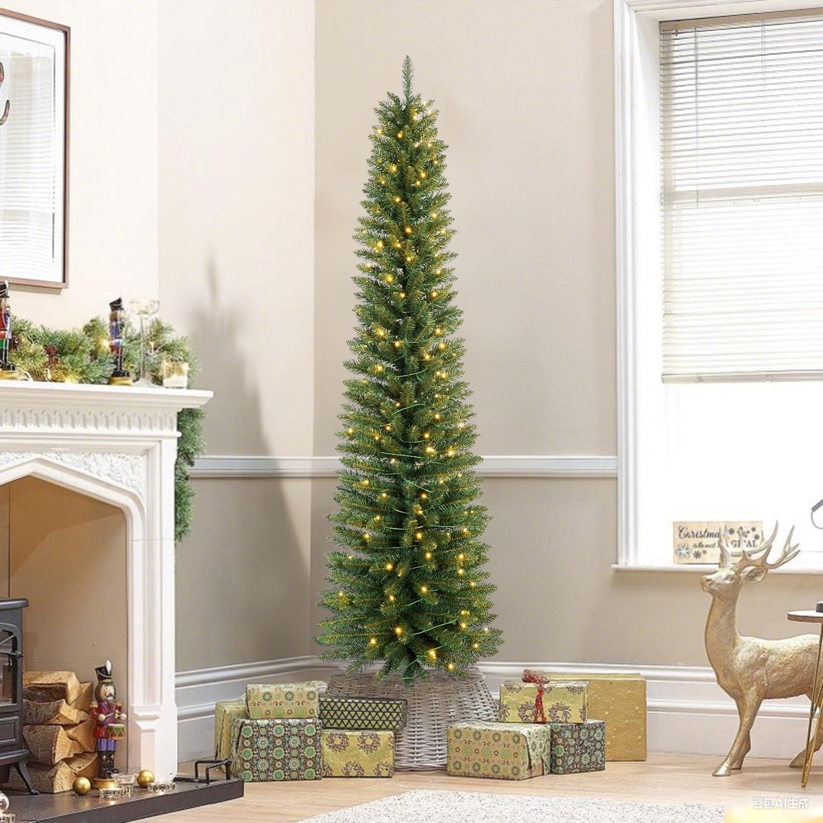 Bringstar 6FT Pre-Lit Pencil Christmas Tree,Green Artificial Xmas Trees, 150 LED Warm White Lights
