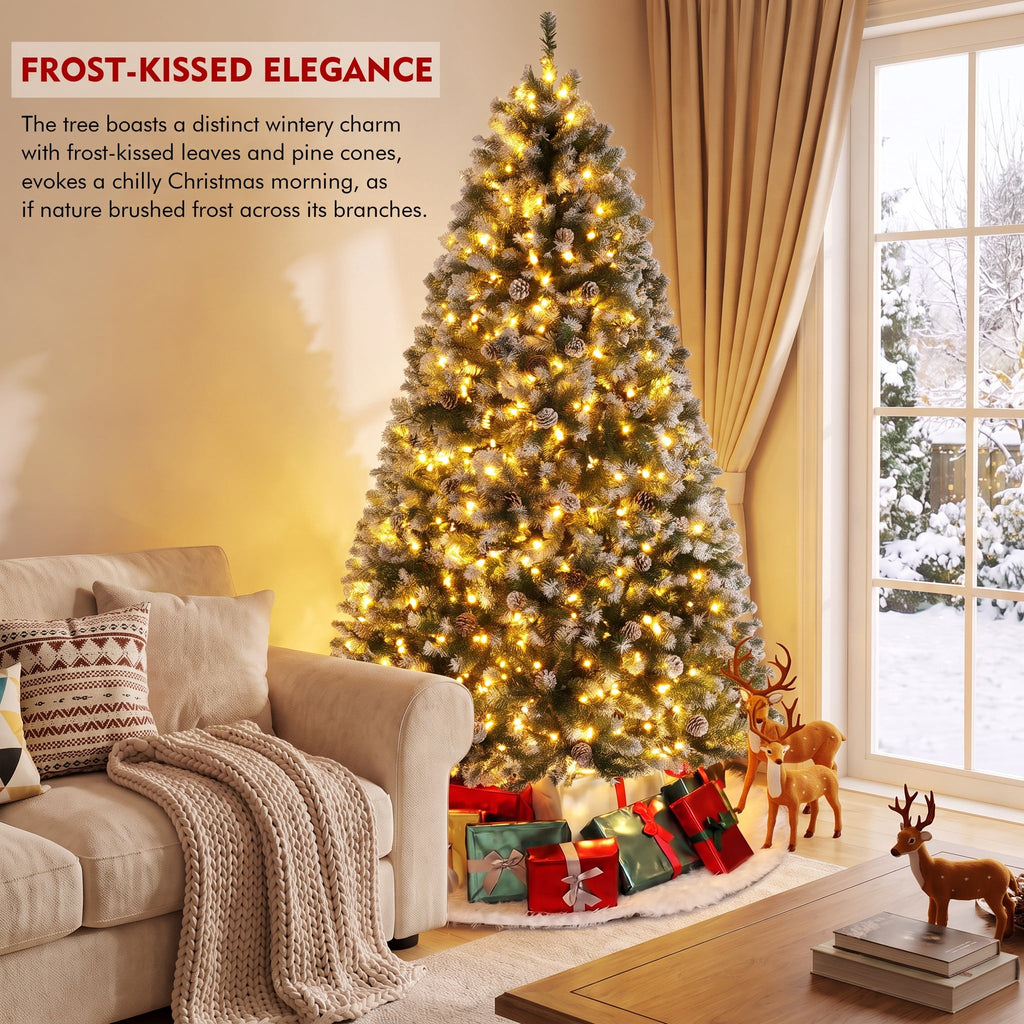 Legooin 6FT Pre-lit Christmas Tree Flocked Artificial Xmas Tree with 800 Branch Tips, 300 LED Lights, 51 Pinecones, for Christmas Holiday Decor, Green