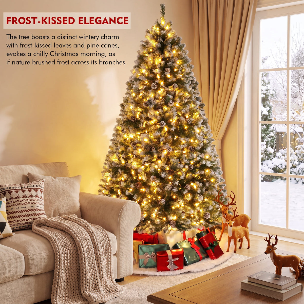 Legooin 6FT Pre-lit Christmas Tree Flocked Artificial Xmas Tree with 800 Branch Tips, 300 LED Lights, 51 Pinecones, for Christmas Holiday Decor, Green