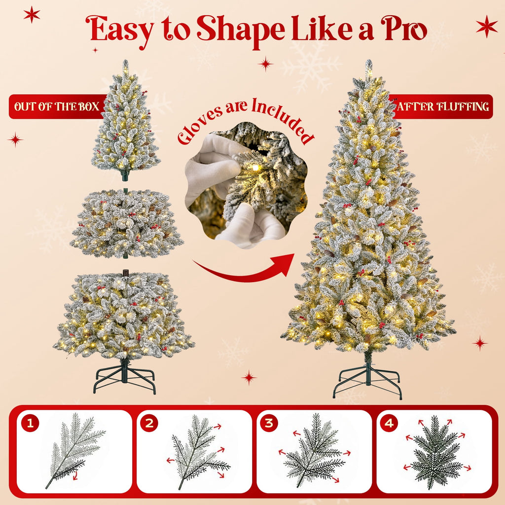 Goosiay Artificial Christmas Tree Pre-Lit Flocked Hinged with Red Berries & Pinecones, 350 Warm White & Multicolor LED Lights, 7 ft