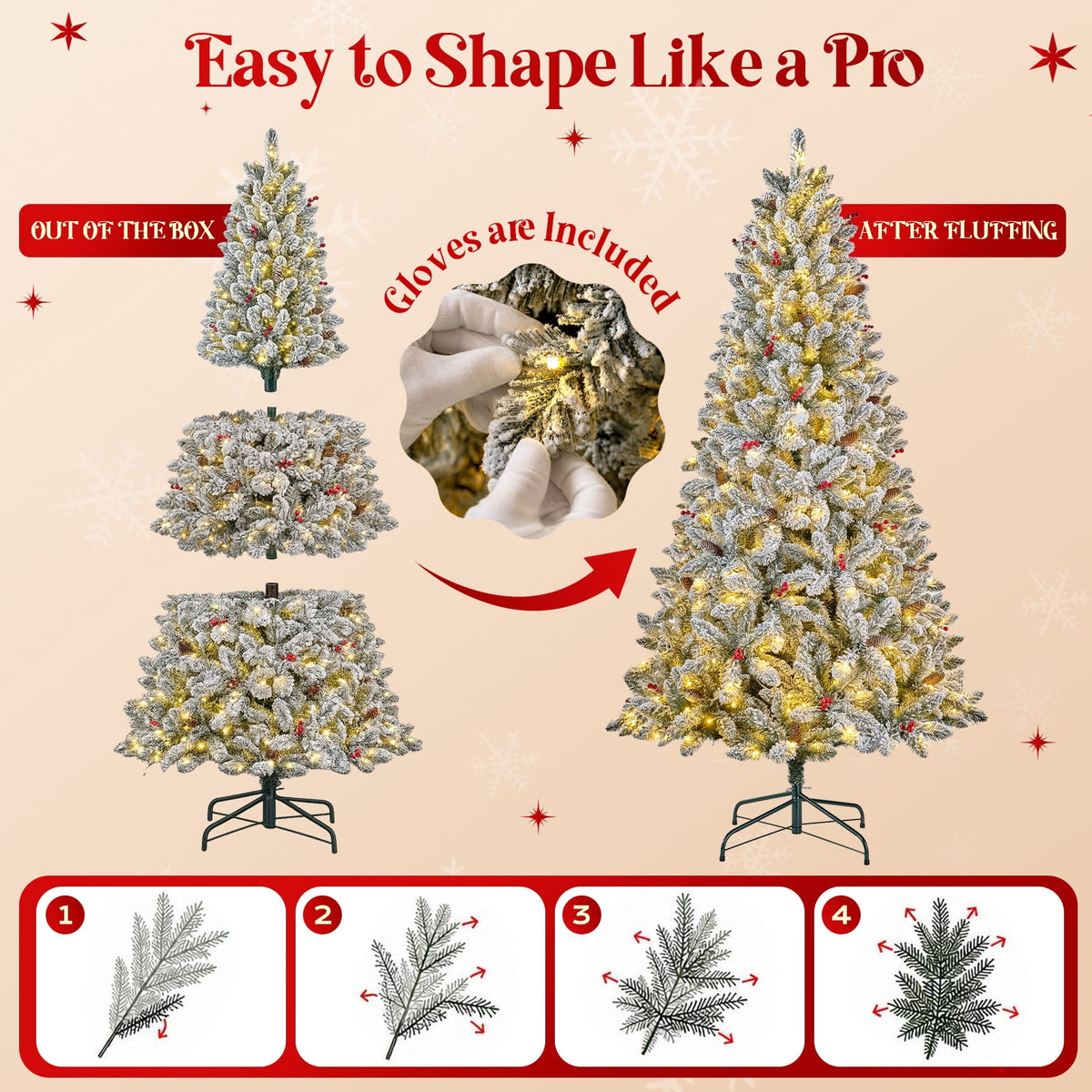 Goosiay Artificial Christmas Tree Pre-Lit Flocked Hinged with Red Berries & Pinecones, 350 Warm White & Multicolor LED Lights, 7 ft