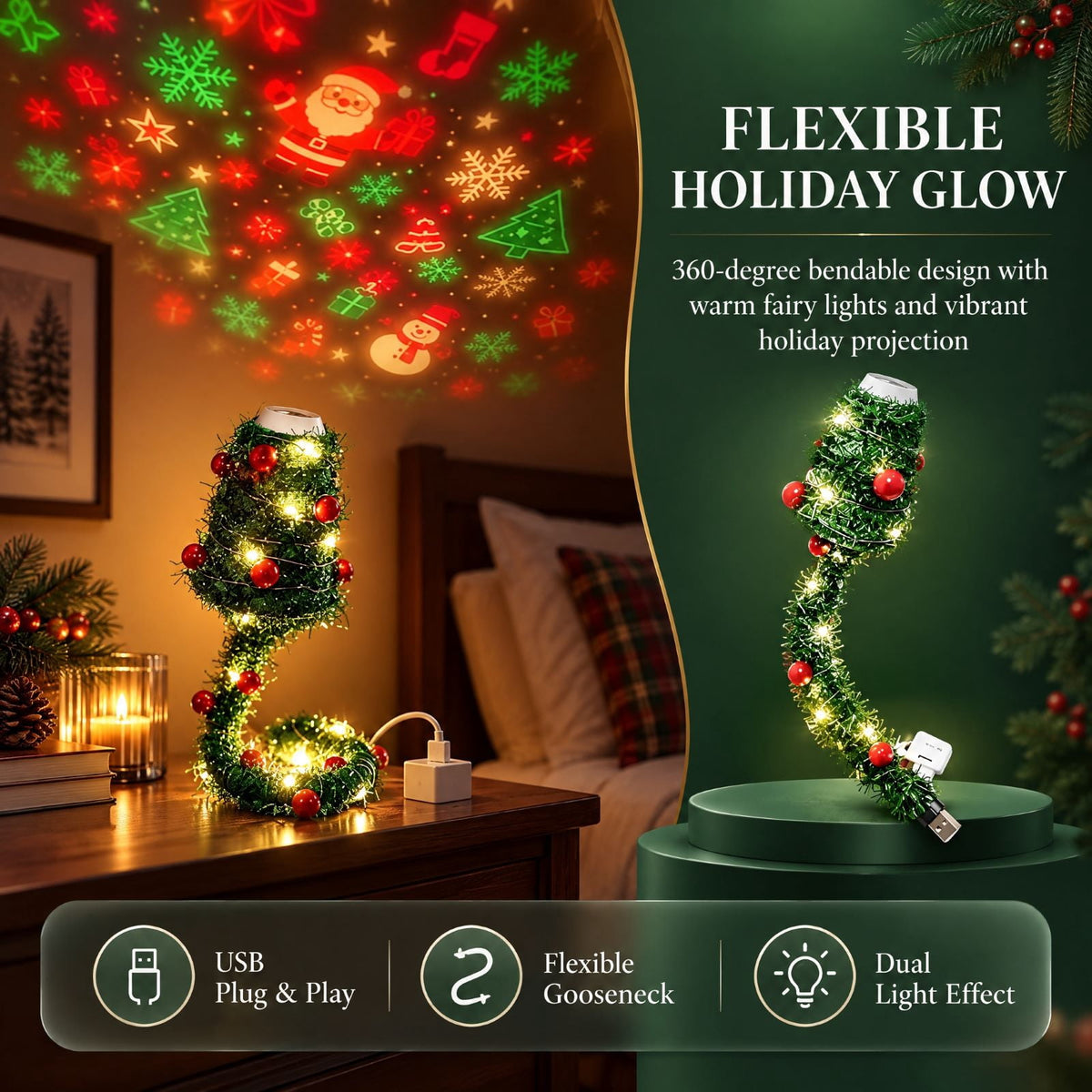 Magical Christmas Projection Night Light, USB Powered Holiday Projector with Festive Wall and Ceiling Effects for Bedroom, Living Room and Christmas Party Ambiance