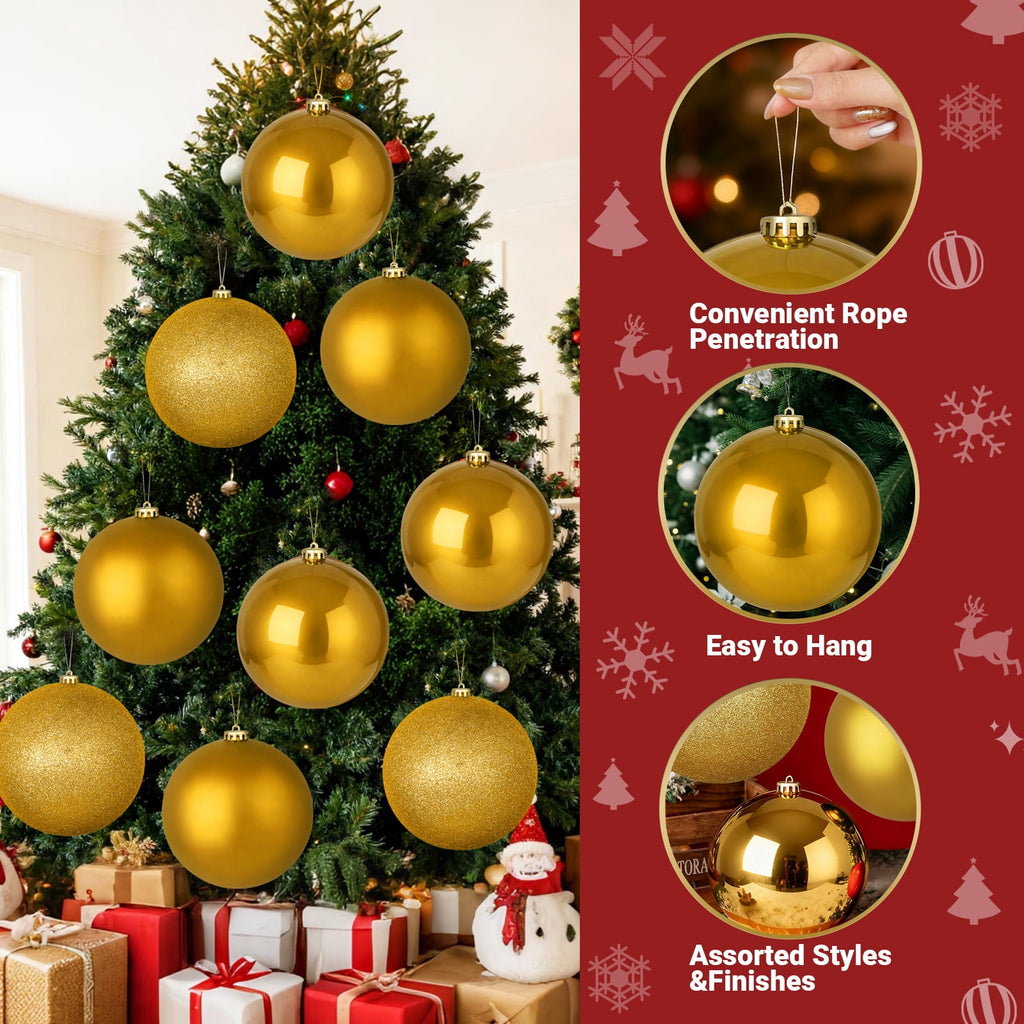 LAMPHOME 12PK 8" Shatterproof Christmas Ball Ornaments, Glossy & Matte & Glitter Gold Assortment, Sparkling Xmas Tree Decorations for Holiday Home