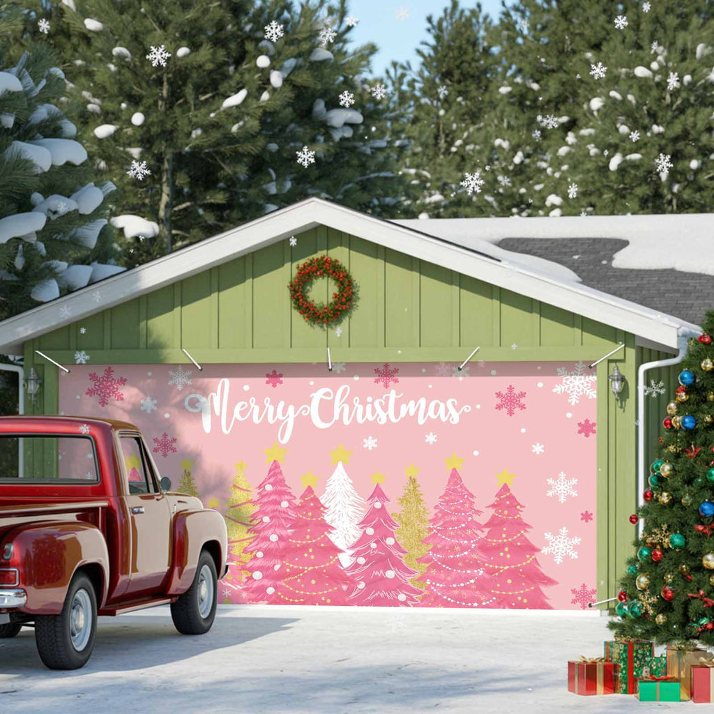 Fsddascl 7 x 16 Ft Christmas Garage Door Cover, Black Christmas Tree Large Garage Door Banner, Xmas Snowflake Green Golden Hanging Garage Mural Background for Indoor Outdoor Xmas Party Supplies
