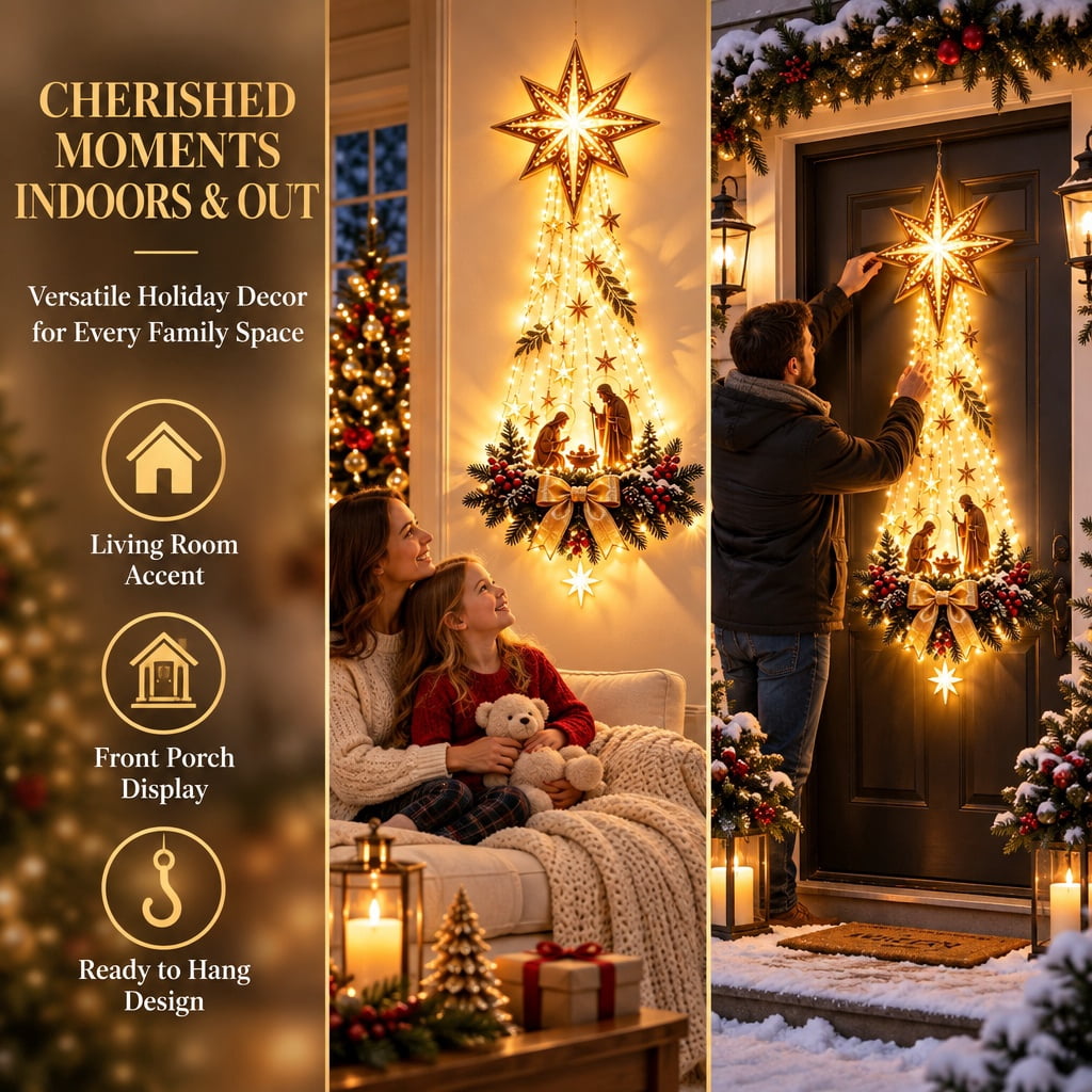 Bethlehem Star of Faith Lighted Nativity Wall Decor, Warm LED Christmas Hanging, Gold, Indoor Outdoor, Meaningful Holiday Gift B
