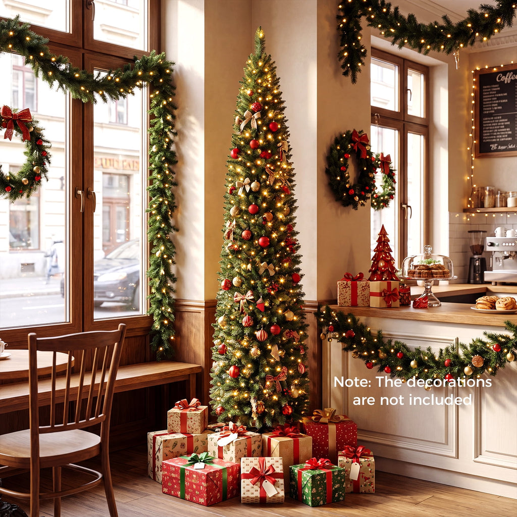Gymax 9 FT Pre-Lit Artificial Christmas Tree Realistic Slim Pencil Xmas Tree