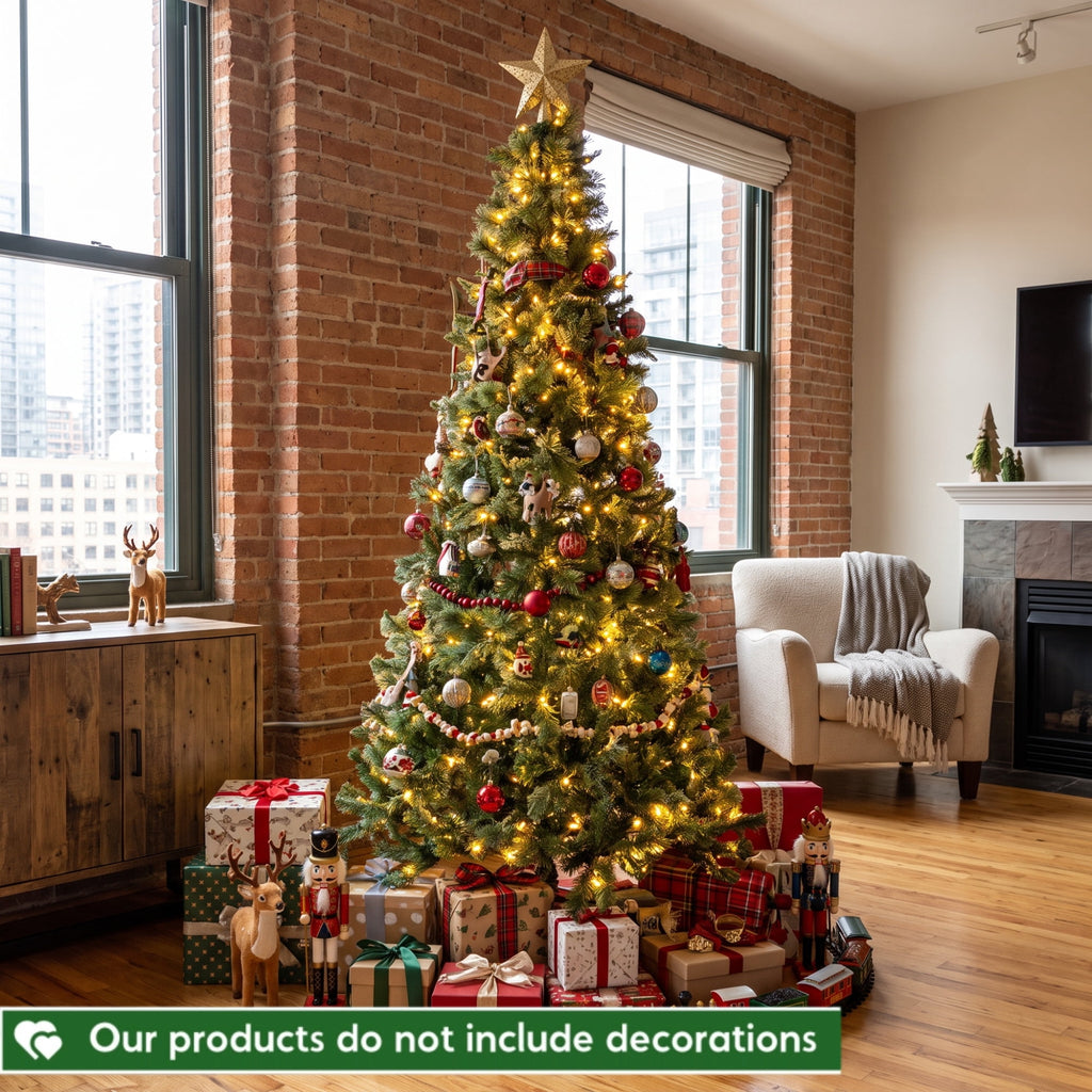 TLSUNNY 8ft Pre-lit Artificial Christmas Tree, W/ 1000 Branche Tips, 450 LED Warm Lights, Fluffy Snow Flocked Pine Tree, Metal Stand Hinged Xmas Tree for Party Holiday Decor