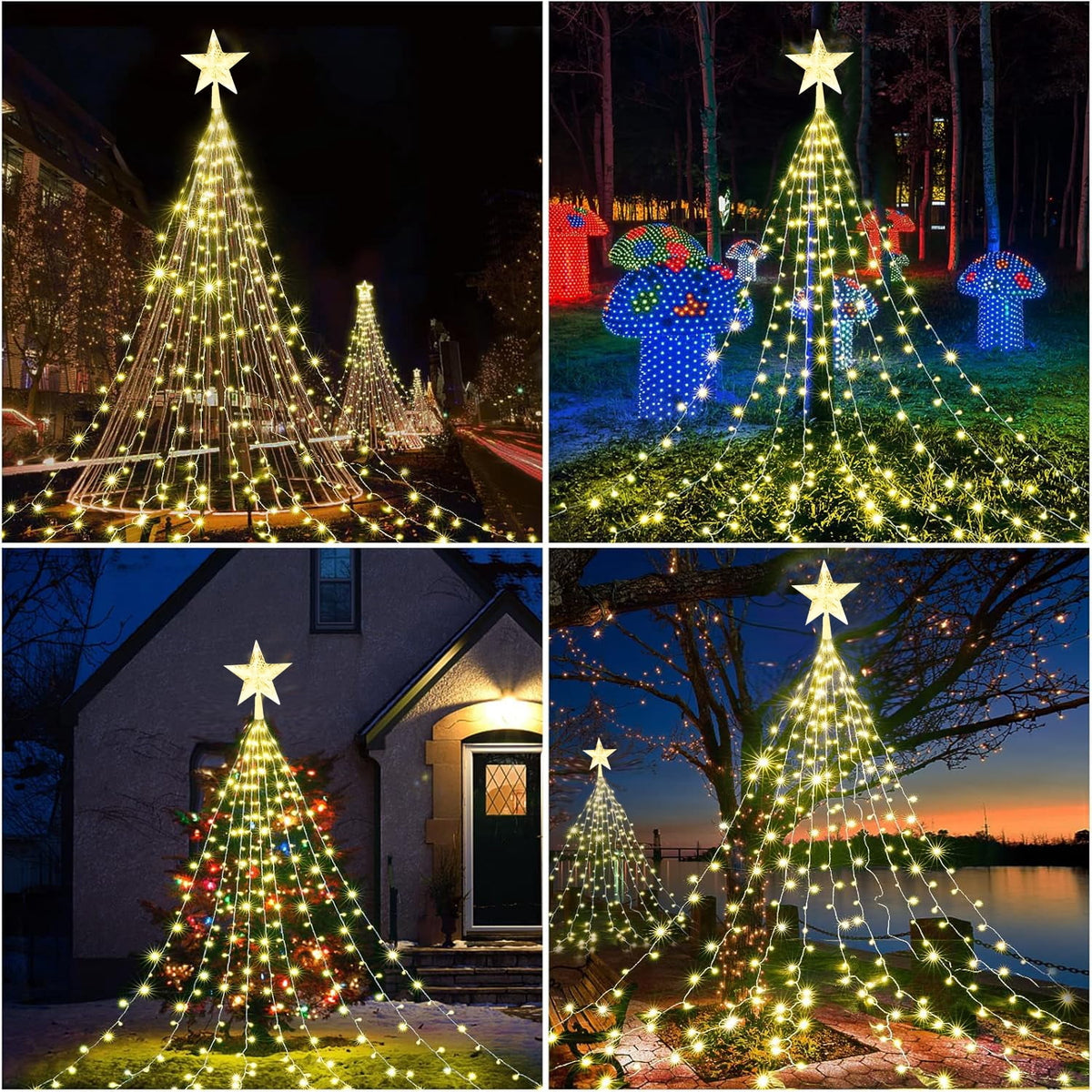 PMMIPNW Christmas Tree Lights Plug in 180LED, 8 Modes Christmas String Light with Topper Star, Waterfall Xmas Tree Lights with Timer for 6ft - 8ft Tree Wall Decoration (Multicolor)