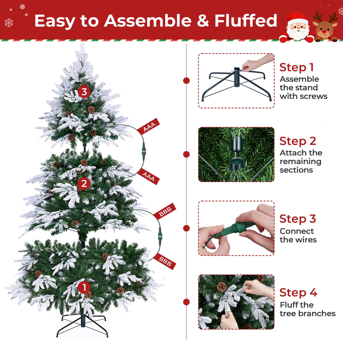 Firstness 6ft Artificial Christmas Tree with 1000 Branches and 250 LED Lights, Pre-Lit Flocked Xmas Tree,11 Lighting Modes,Pine Cones