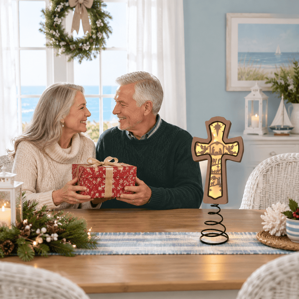 Lighted Christmas Tree Topper Wooden Nativity Cross Scene with Hollow Silhouette Glow for Holiday Decor