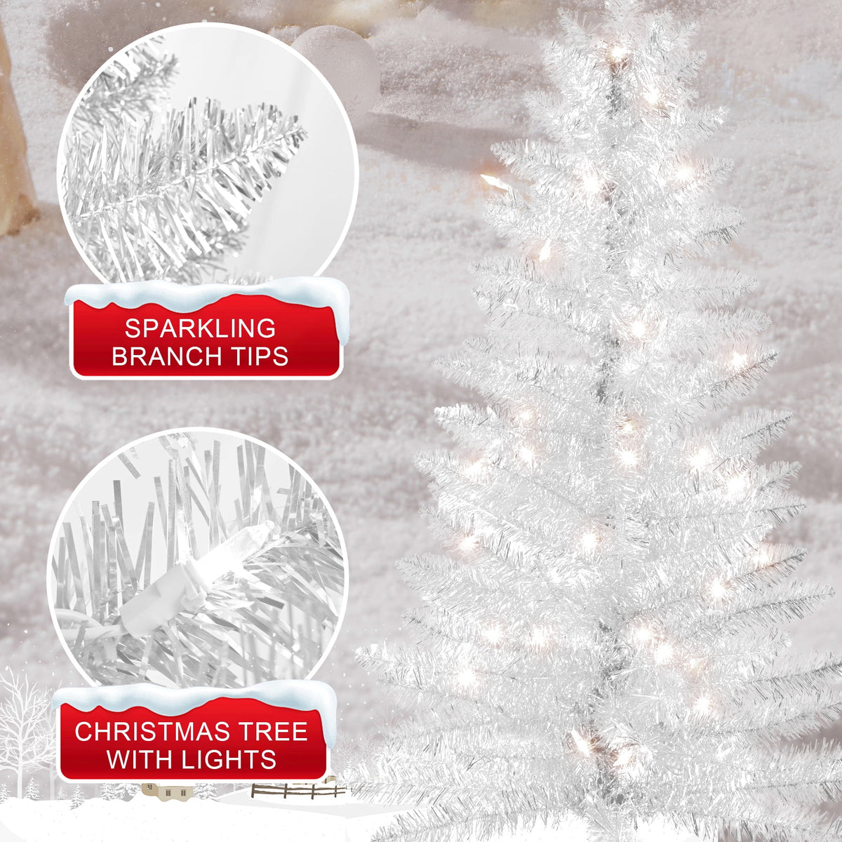 Bringstar 4FT Silver Artificial Christmas Tree with 50 String Lights, Mini Tinsel Tree, Not Pre-Lit, for Halloween & Holiday Home & Office Décor