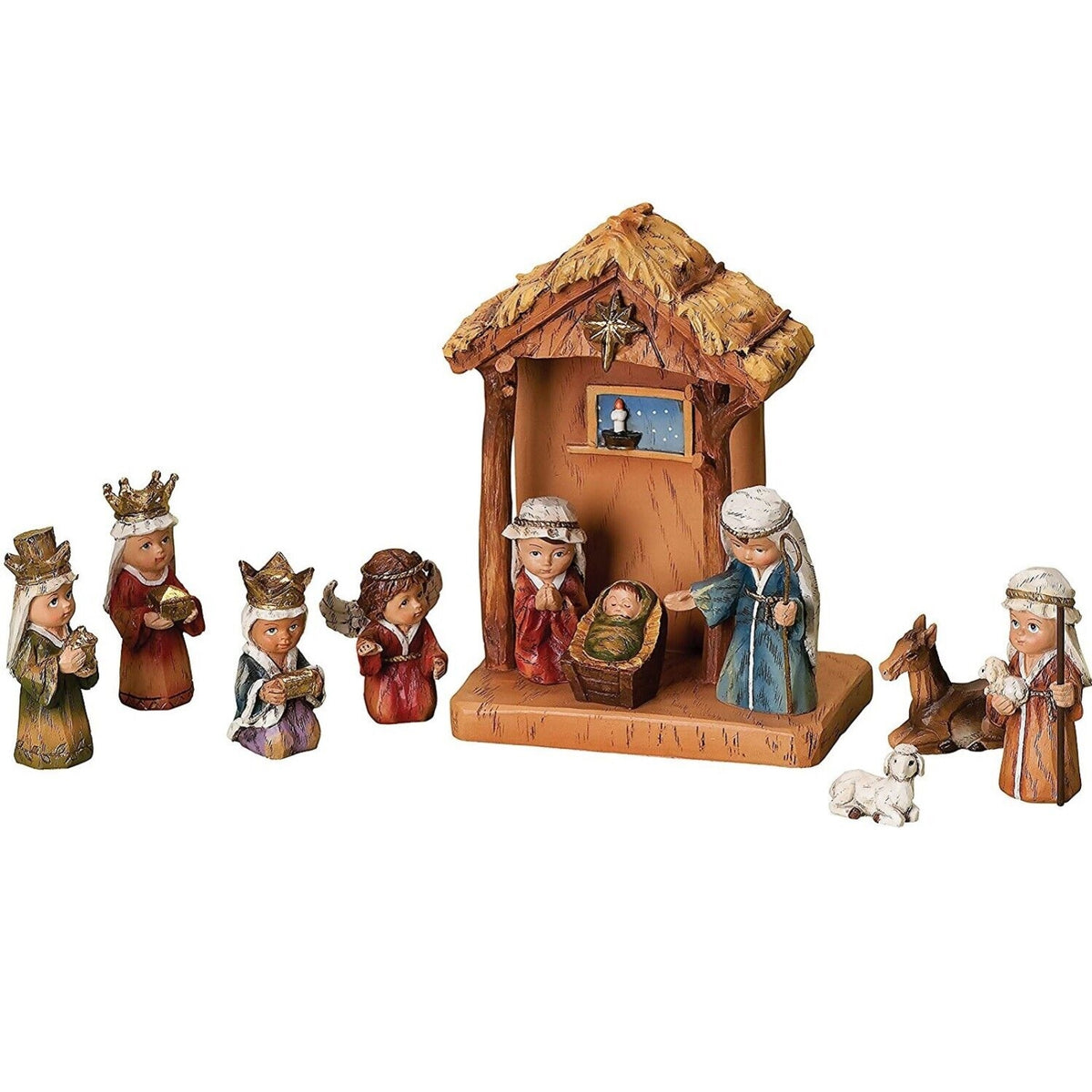 WoodWorks 11-Piece Nativity Set Featuring Children as The Holy Family an Angel, a Shepherd with Sheep and 3 Kings, 8-Inch (36144)
