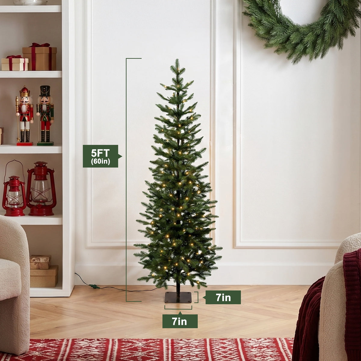 DR.Planzen 6ft Prelit Pencil Christmas Tree with 150 Warm White LED Lights, 1571 PE Branch Tips, Iron Base, Slim Artificial Christmas Tree for Apartment, Entryway, Corner, Office