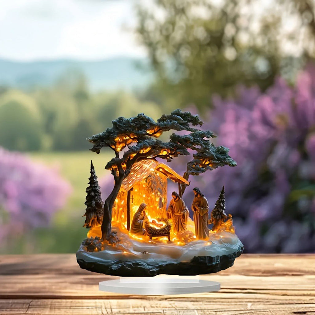 Lwlmwt Nativity Scene with LED Lights, Manger Decoration, Christmas Ornament with Stable, Indoor Tabletop Home Decor, Acrylic Statue Assembly