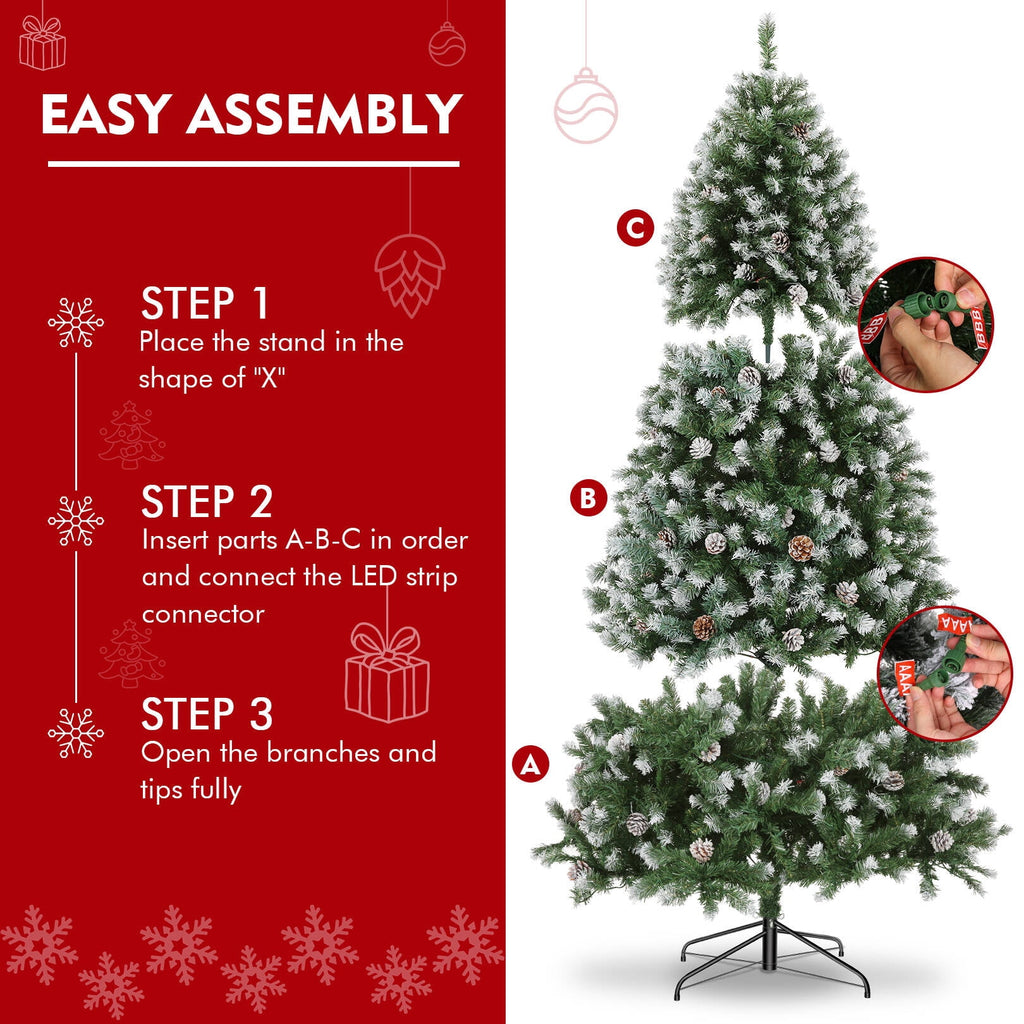 Funcid 6ft Artificial Christmas Tree with 8 Adjustable Light Flash Rate Modes, Decorated Xmas Tree with Pine Cones, Hinged Partially Flocked Christmas Tree with Foldable Metal Base