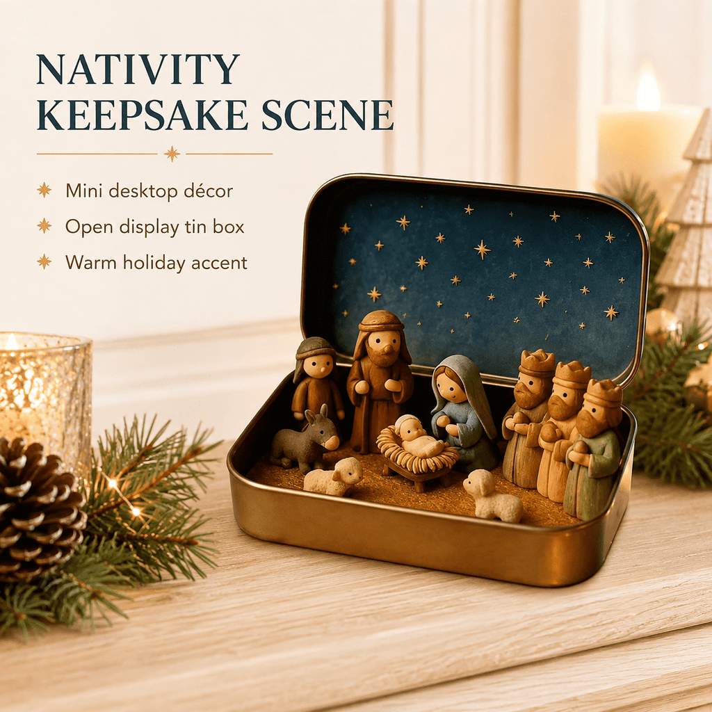 Christmas Nativity Scene in a Tin Mini Manger Scene Portable Tin Box Tabletop Decor for Mantel Shelf Fireplace Desk Holiday Decoration