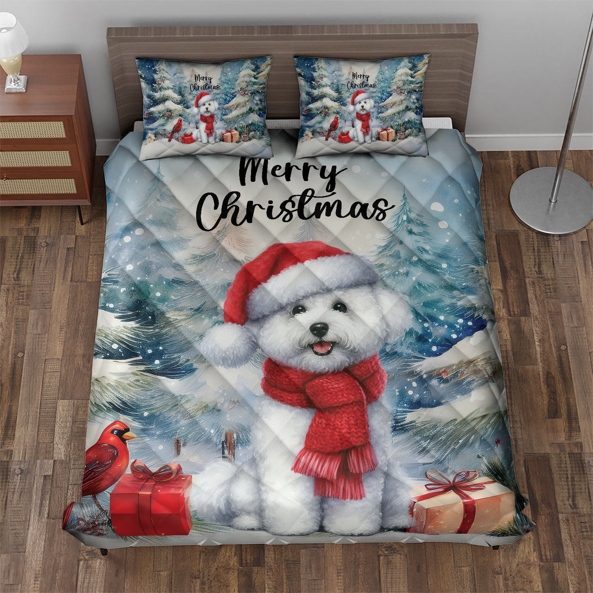 Merry Christmas French Bulldog Enjoys Woofmas Winter Xmas Holiday Quilt Bedding Set Dog Lover Gifts 1 Blanket Bed Cover 2 Pillowcases - 02022