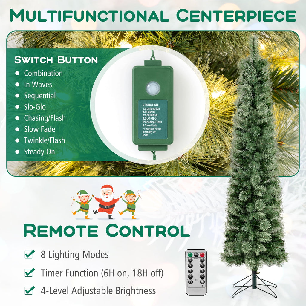 Costway 7 FT Pre-Lit Pencil Artificial Christmas Tree with 150 LED Warm White Lights,8 Modes