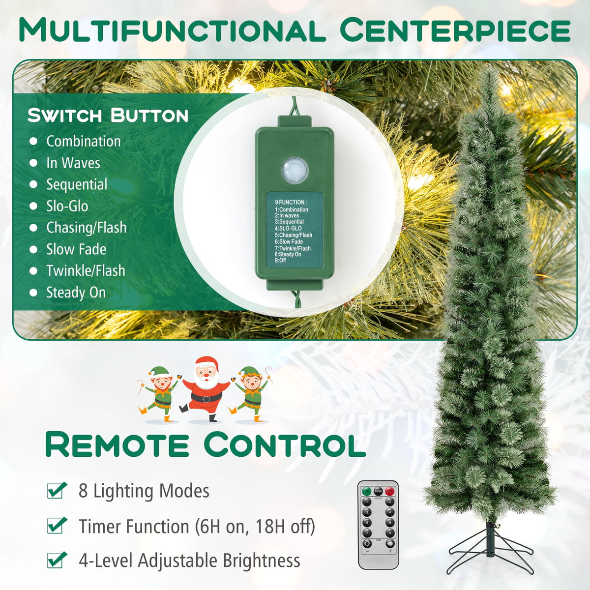 Costway 7 FT Pre-Lit Pencil Artificial Christmas Tree with 150 LED Warm White Lights,8 Modes