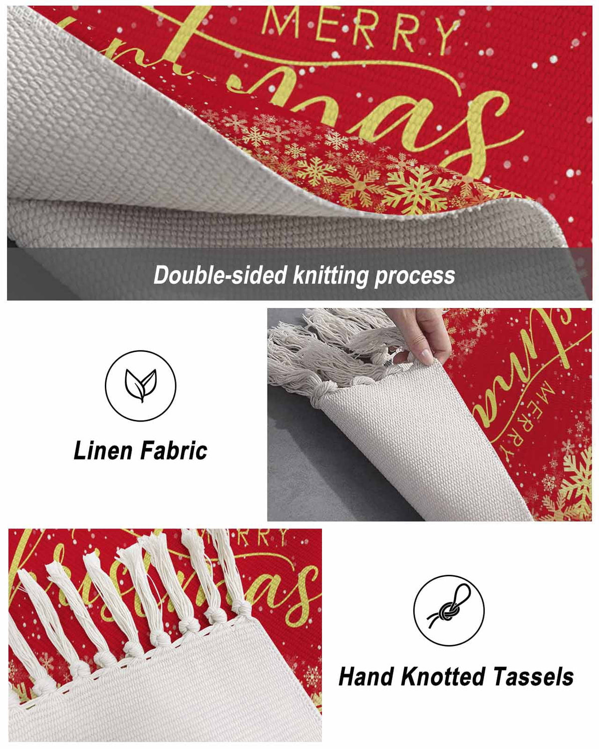 Merry Christmas Area Rug 3x5ft Woven Runner Rug,Winter Snowflake Xmas Aesthetic Red Washable Living Room Hallway Bedroom Kitchen Carpet with Tassels,Indoor Outdoor Throw Door Mat for Entryway
