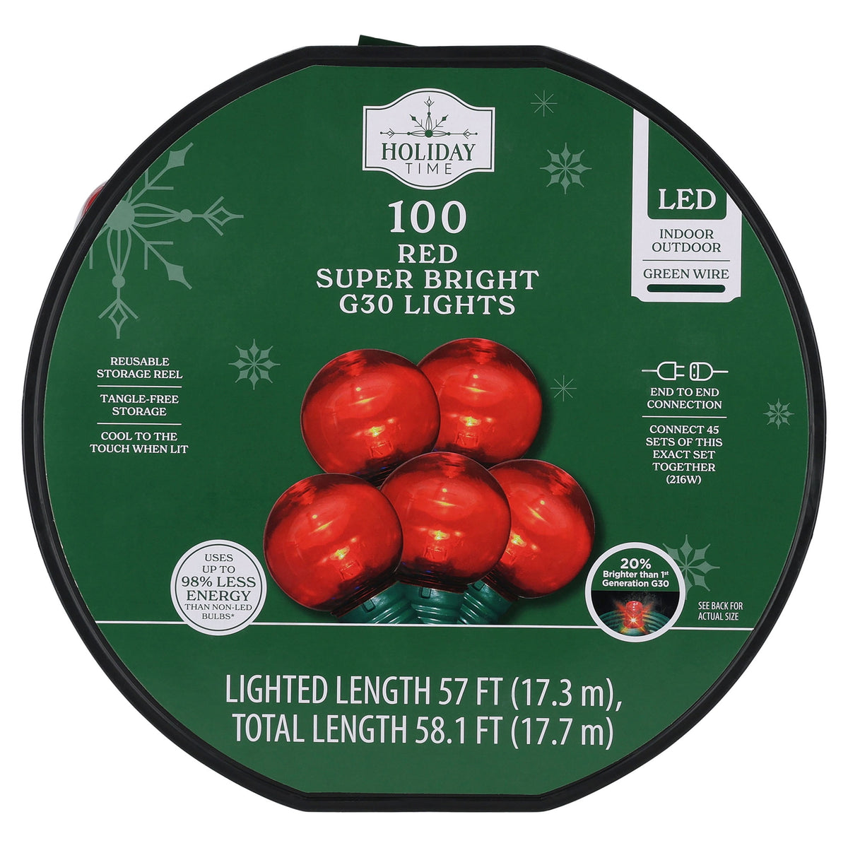 Indoor/Outdoor 100-Count LED Super Bright G30 Christmas String Lights, Warm White, Green Wire, 57', by Holiday Time