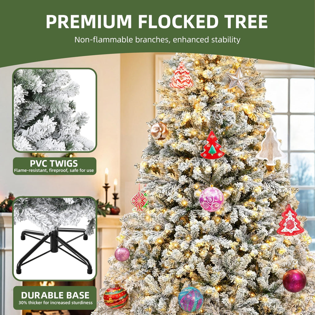 Uforic 6ft Pre-lit Snow Flocked Christmas Tree with 1000 Branch Tips & 250 Lights, Christmas Pine Tree with Remote, 11 Light Modes