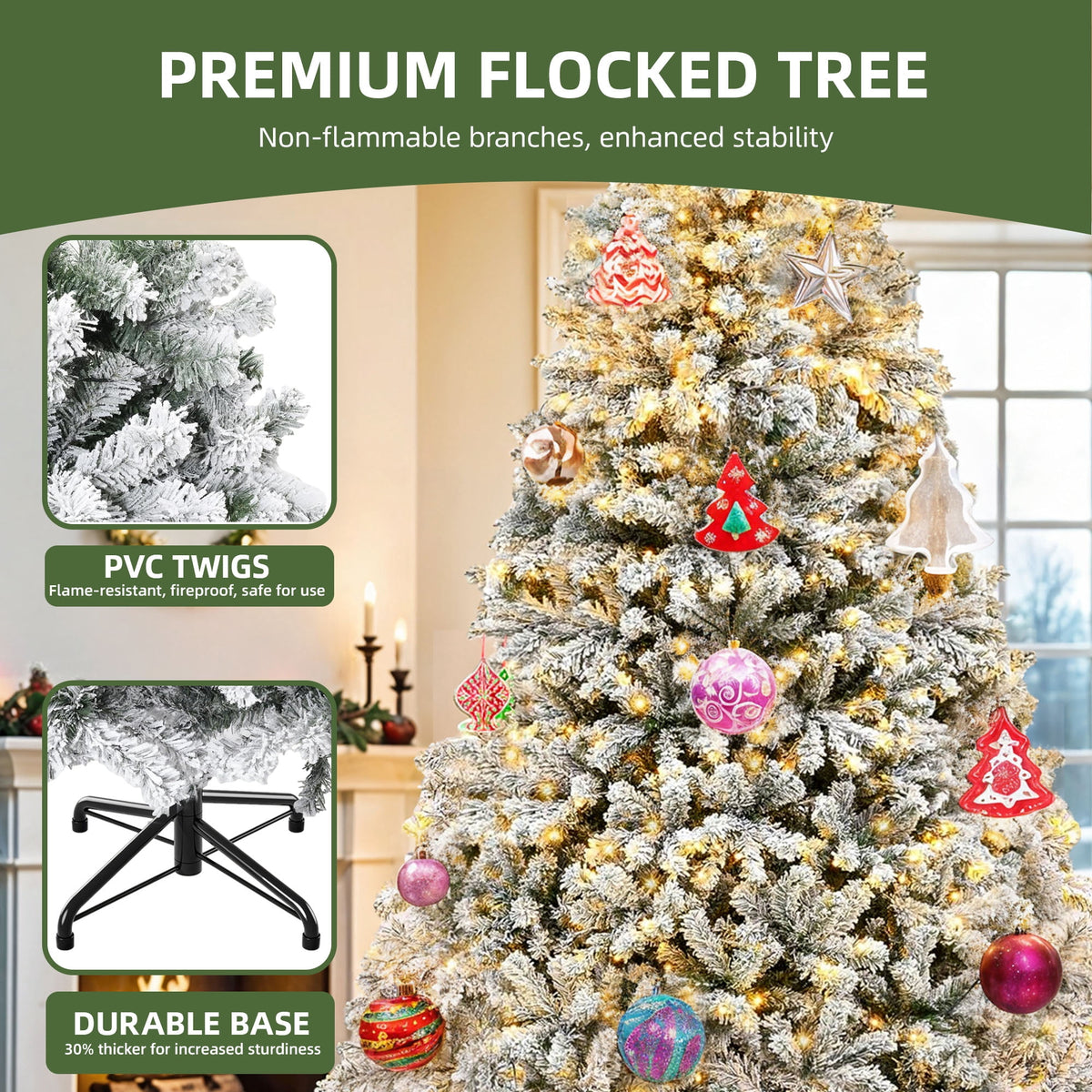 Uforic 6ft Pre-lit Snow Flocked Christmas Tree with 1000 Branch Tips & 250 Lights, Christmas Pine Tree with Remote, 11 Light Modes