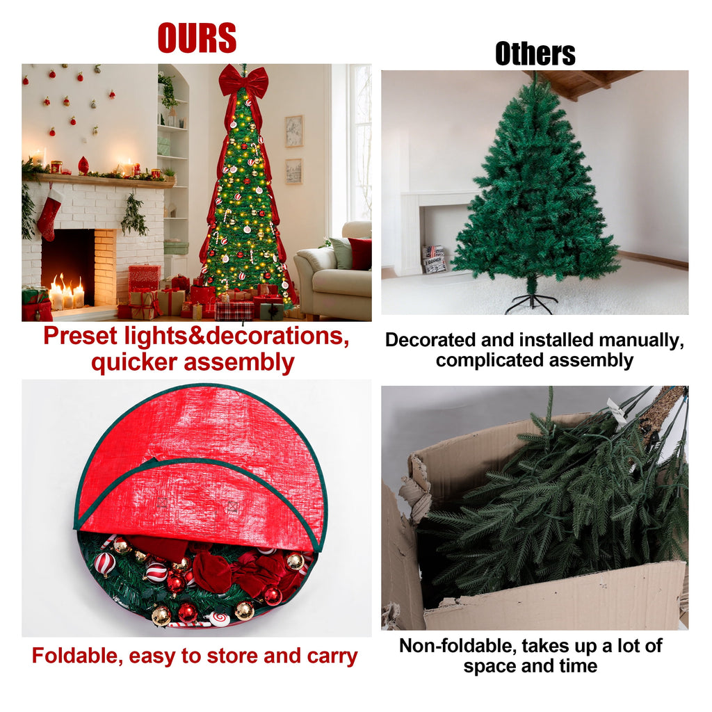 Firstness Christmas Tree 6FT, Pop up Pre Decorated Pre Lit Artificial Xmas Tree with 200 LED Lights, Large Bow & Ornaments, Lighted Christmas Tree with Storage Bag, Easy Installation