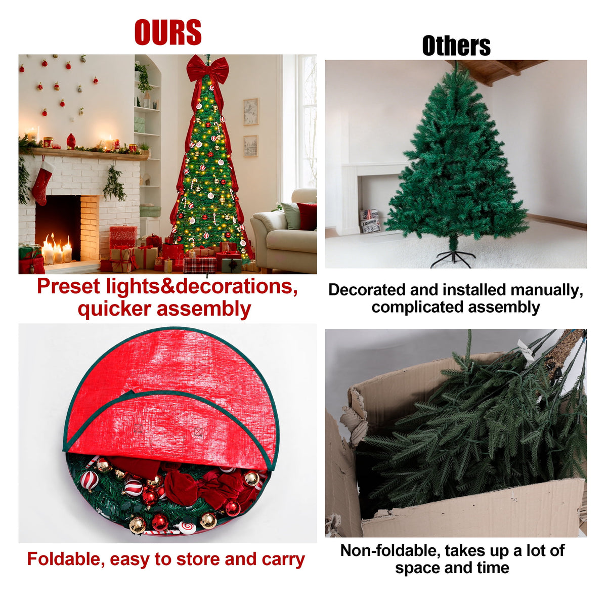 Firstness Christmas Tree 6FT, Pop up Pre Decorated Pre Lit Artificial Xmas Tree with 200 LED Lights, Large Bow & Ornaments, Lighted Christmas Tree with Storage Bag, Easy Installation