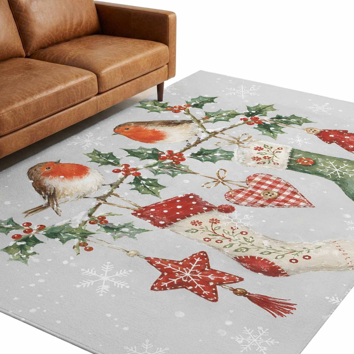 8x10 Area Rugs, Christmas Stocking Non-Skid Rubber Backing Large Rectangle Rugs - Living Room Bedroom Home Office, Winter Snowflake Berry Birds Xmas Indoor Floor Mat Carpets Washable Rug