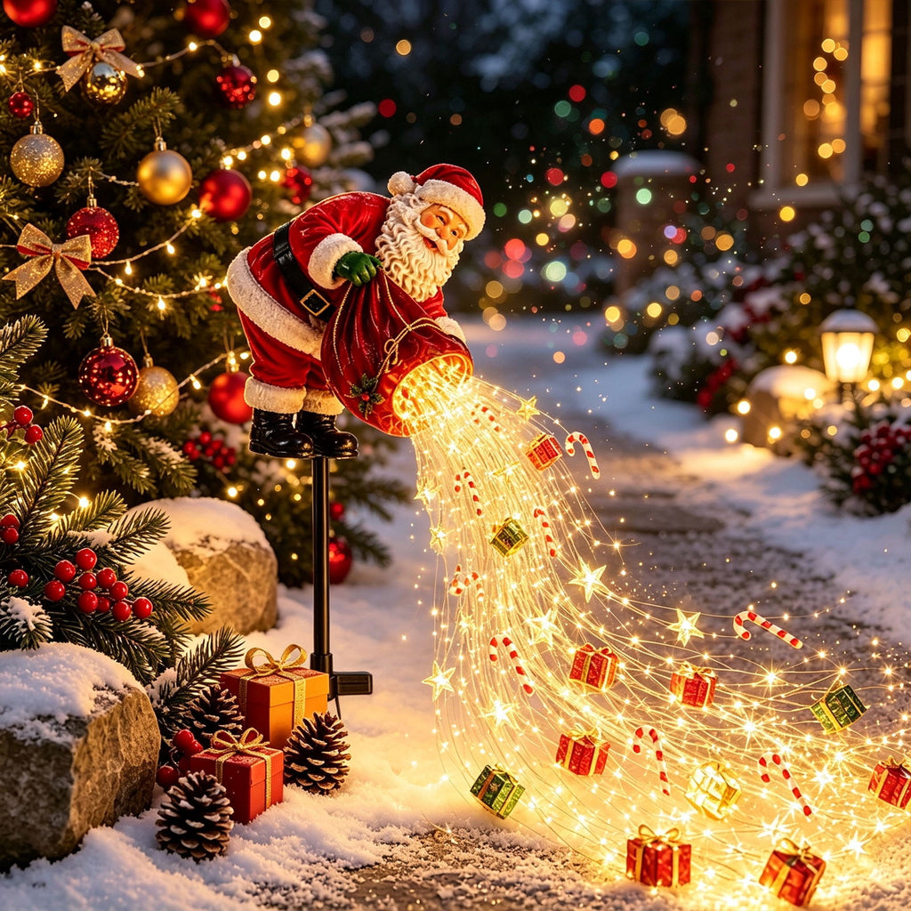 Luckky Santa’s Flying Sleigh Gift Cascade Solar Christmas Garden Light,Warm Golden Cascading LED Lights with Falling Gifts & Star,Solar Powered Outdoor Holiday Decor for Lawn,Pathway & Yard