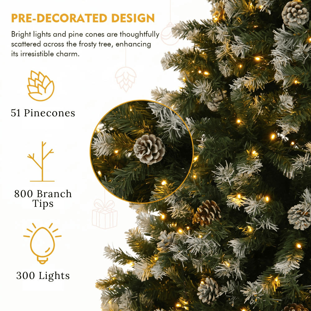 Legooin 6FT Pre-lit Christmas Tree Flocked Artificial Xmas Tree with 800 Branch Tips, 300 LED Lights, 51 Pinecones, for Christmas Holiday Decor, Green