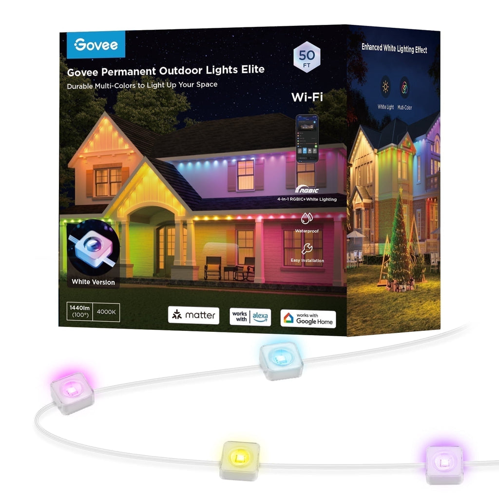 Govee Permanent Outdoor Light 2 (Elite), RGBICW 16 Million Colors Outside Lights with 100 preset modes,IP67 Waterproof,Holiday Decorations For Christmas,Google,Alexa Support,50ft,White