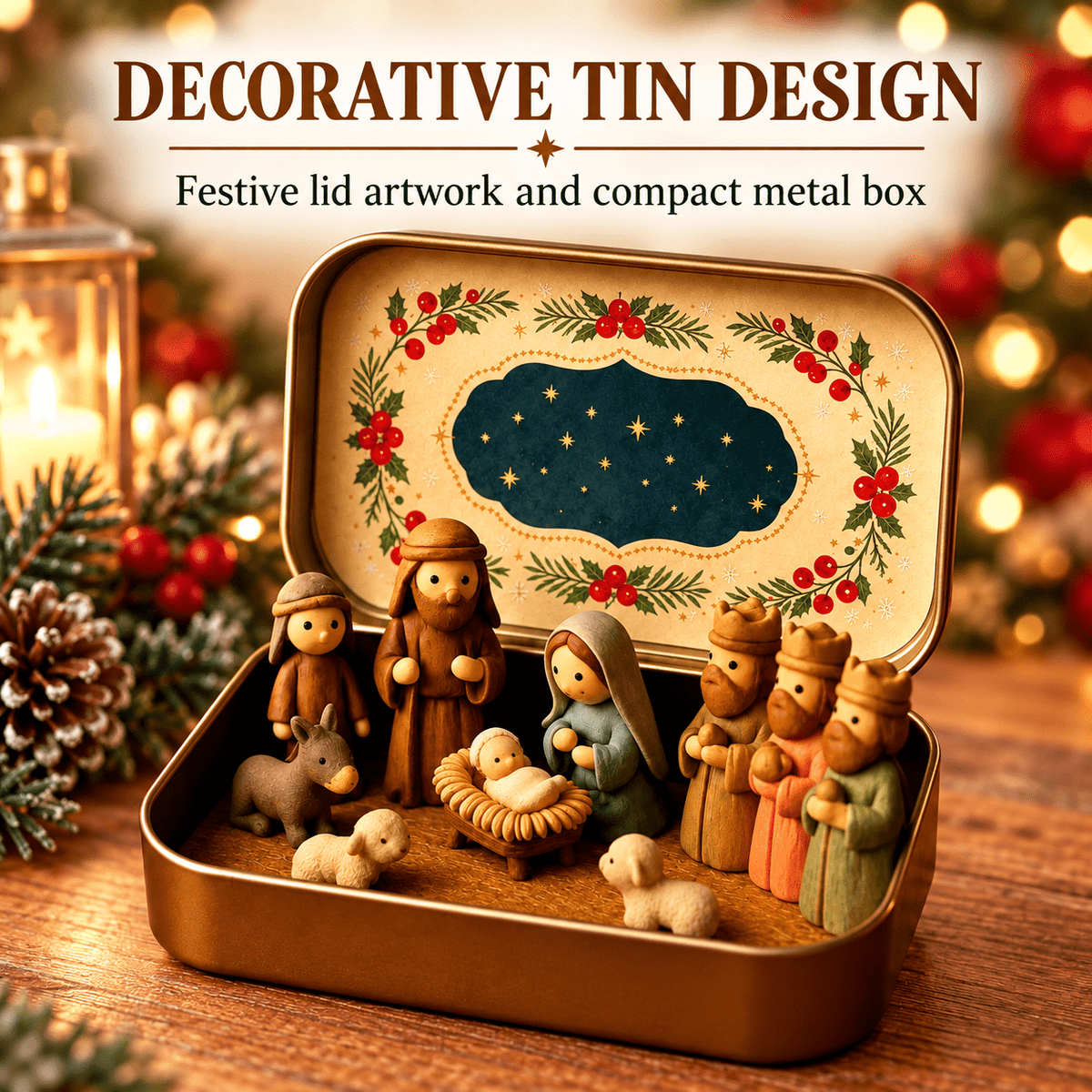 Christmas Nativity Scene in a Tin Mini Manger Scene Portable Tin Box Tabletop Decor for Mantel Shelf Fireplace Desk Holiday Decoration