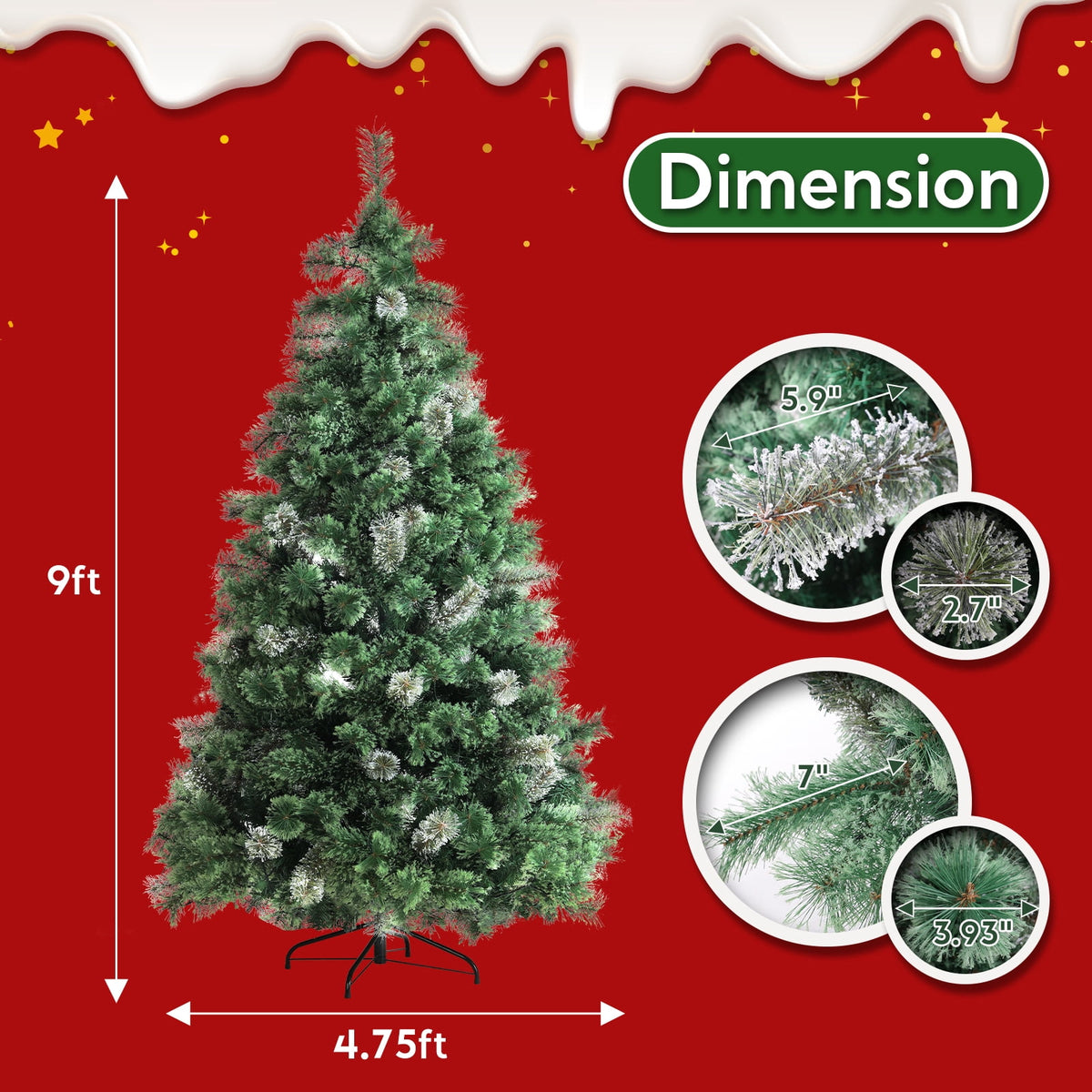 TLSUNNY 8ft Pre-lit Artificial Christmas Tree, W/ 1000 Branche Tips, 450 LED Warm Lights, Fluffy Snow Flocked Pine Tree, Metal Stand Hinged Xmas Tree for Party Holiday Decor