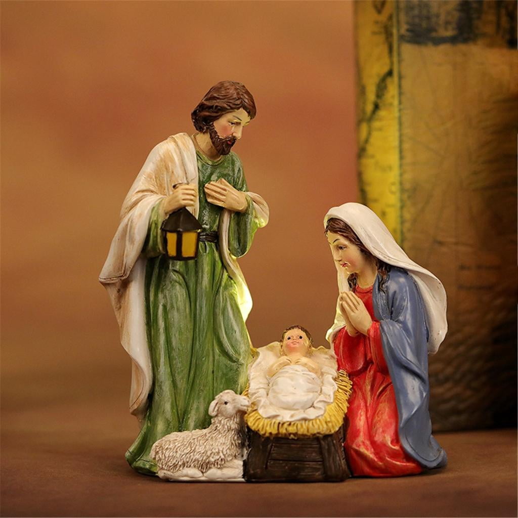 Osdhezcn Friendly Resin Nativity Set LED Light Holy Family Three Persons Christmas Decoration for Indoor Festival Ambiances