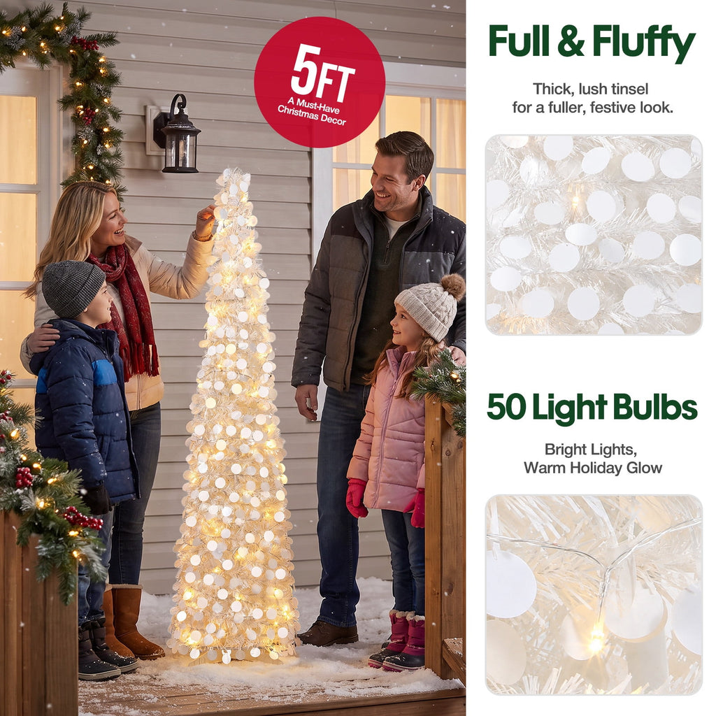 Ayieyill 5ft Pop up Christmas Tree,Color Artificial Pencil Tinsel Xmas Trees for Christmas Indoor Decorations, Collapsible Christmas Tree (Silver)