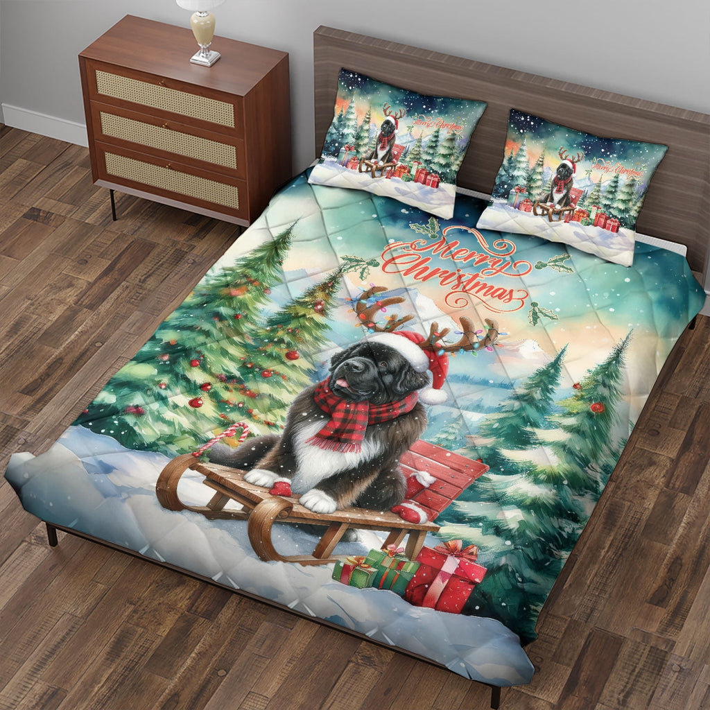 Merry Christmas Santa Reindeer Antlers French Bulldog Sleigh Xmas Winter Holiday Quilt Bedding Set Dog Lover Gifts 1 Blanket Bed Cover 2 Pillowcases - 00023