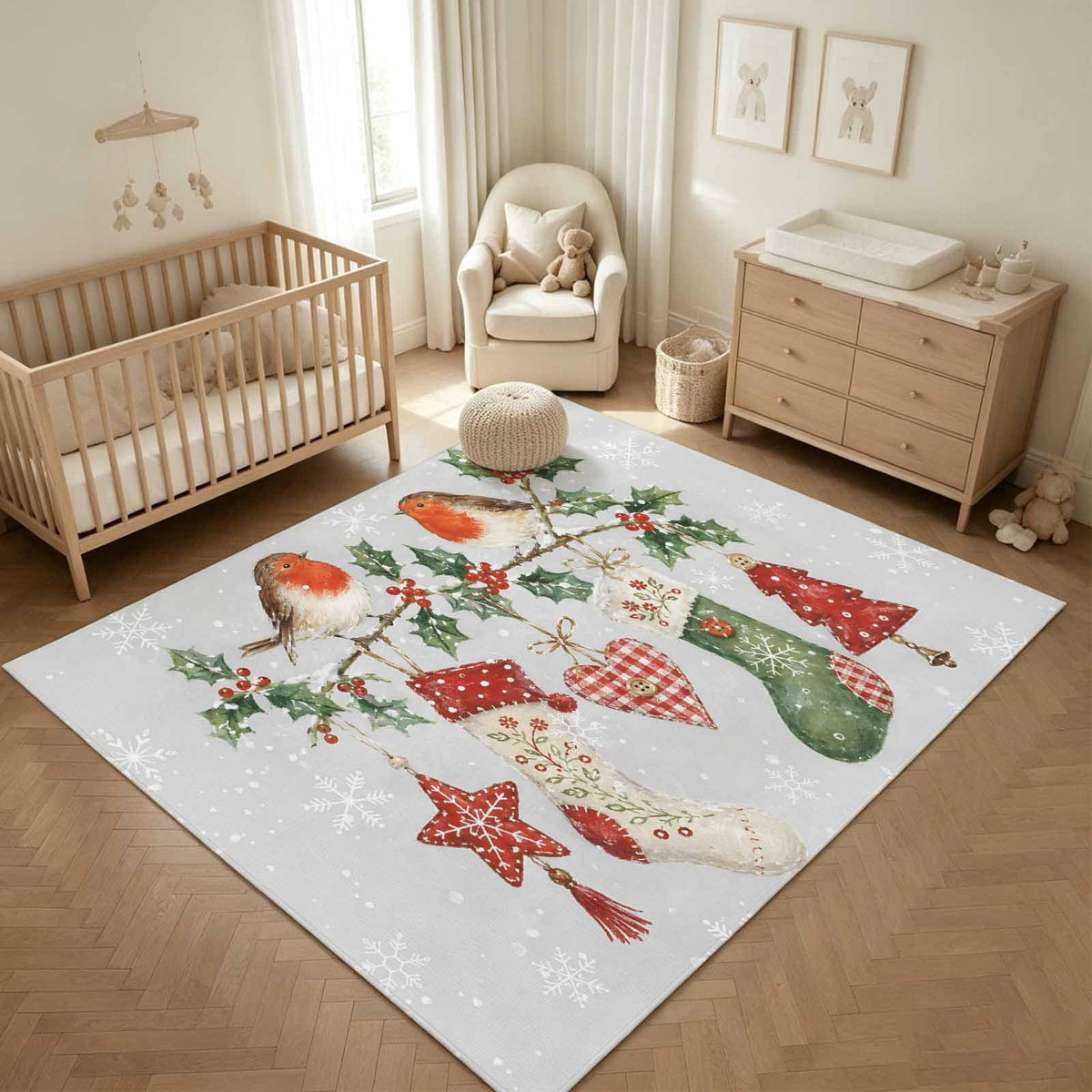 8x10 Area Rugs, Christmas Stocking Non-Skid Rubber Backing Large Rectangle Rugs - Living Room Bedroom Home Office, Winter Snowflake Berry Birds Xmas Indoor Floor Mat Carpets Washable Rug