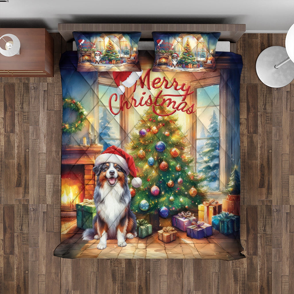 Merry Christmas French Bulldog Santa Hat Xmas Tree Winter Holiday Quilt Bedding Set Dog Lover Gifts 1 Blanket Bed Cover 2 Pillowcases - 01013