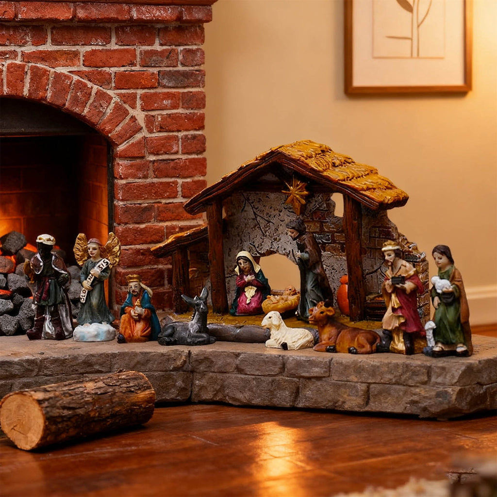 Nativity Set Christmas Indoor 16 Piece 2.36 inch Scene Statue Figurines Jesus Manger Crib Ornament Church Xmas Gift Home Decoration
