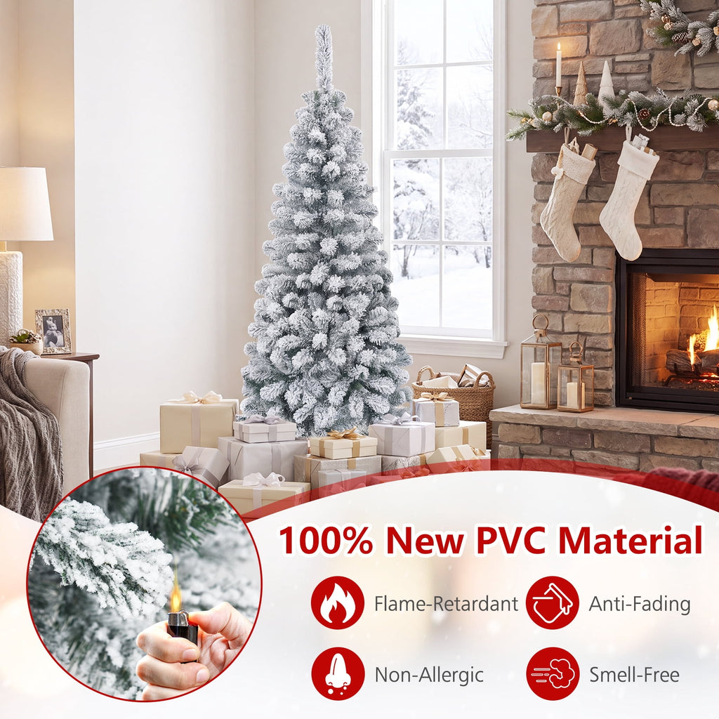 Costway 7.5 FT Unlit Flocked Pencil Christmas Tree Hinged with 641 Branch Tips
